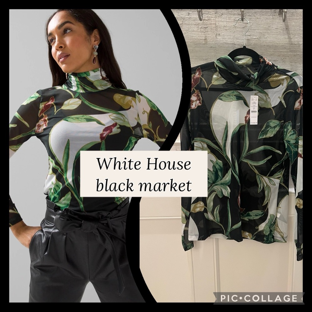 White House Black Market Black Sheer Floral Turtleneck Top